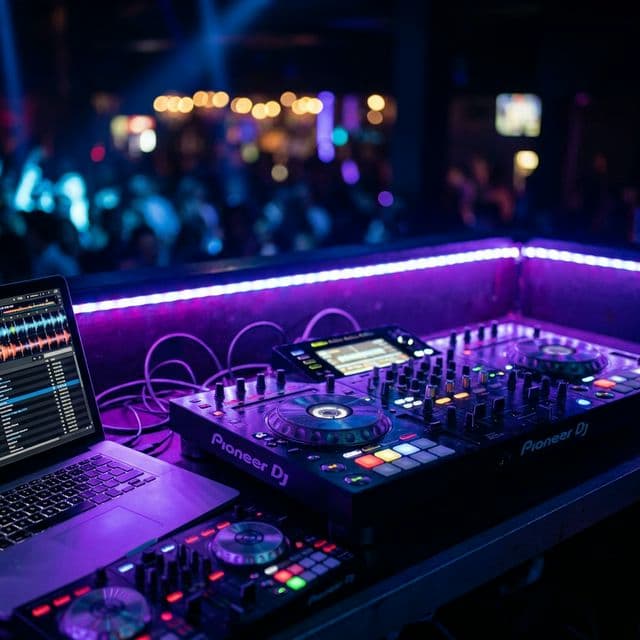 DJ Setup mit professionellem Mischpult und Lichttechnik für Hochzeiten und Firmenevents in Aachen